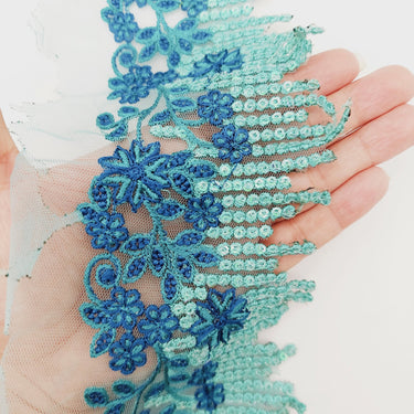 Cyan Blue Net Scallop Lace Trim with Navy Blue Floral Embroidery And Blue Sequins, Sari Border, Embroidered Trim